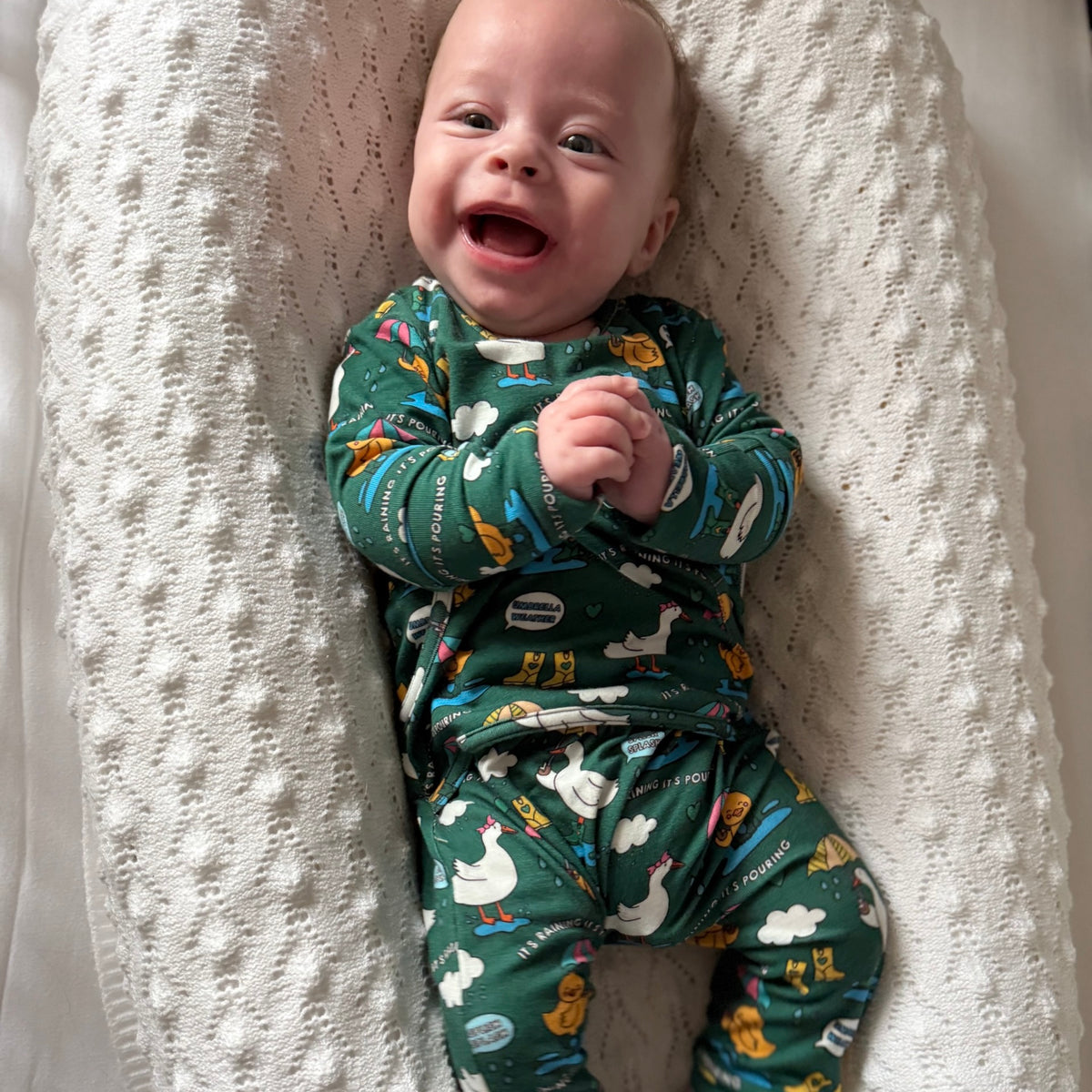 Stretchaboo x Sam Jayne Rainy Day for Ducks Bamboo Baby Grow