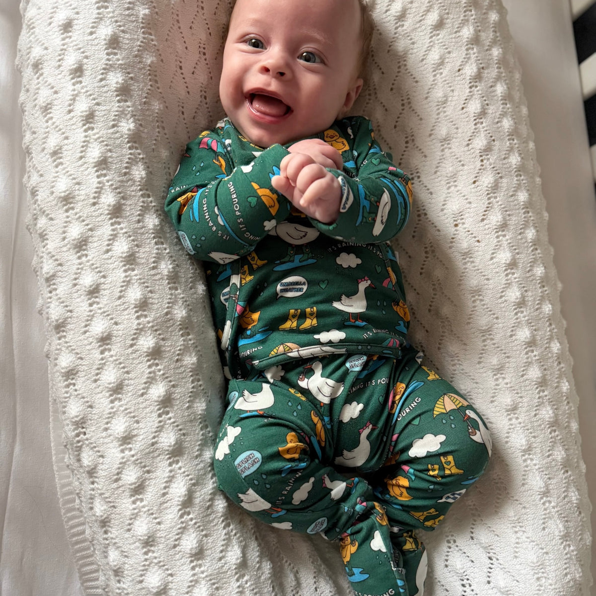 Stretchaboo x Sam Jayne Rainy Day for Ducks Bamboo Baby Grow