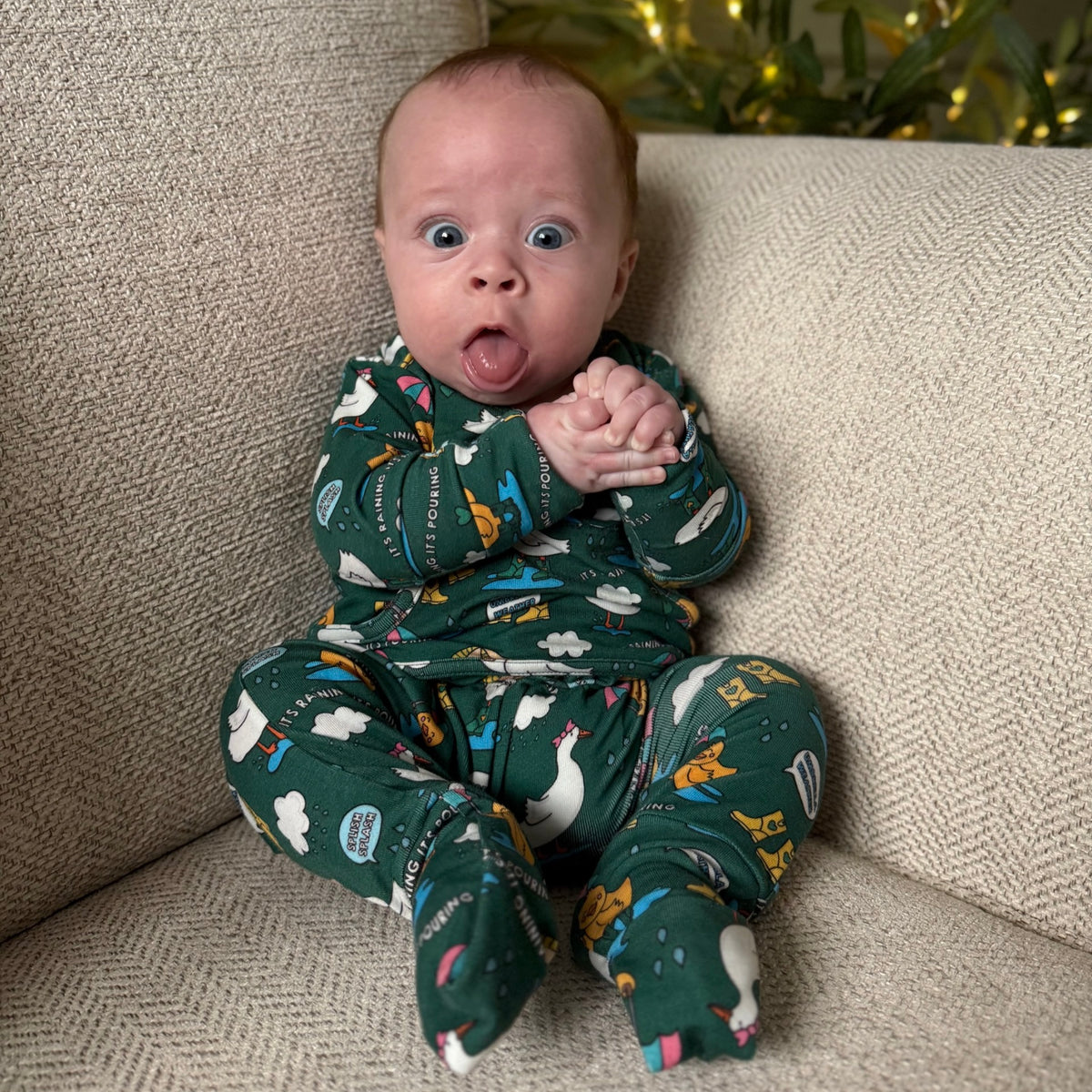 Stretchaboo x Sam Jayne Rainy Day for Ducks Bamboo Baby Grow
