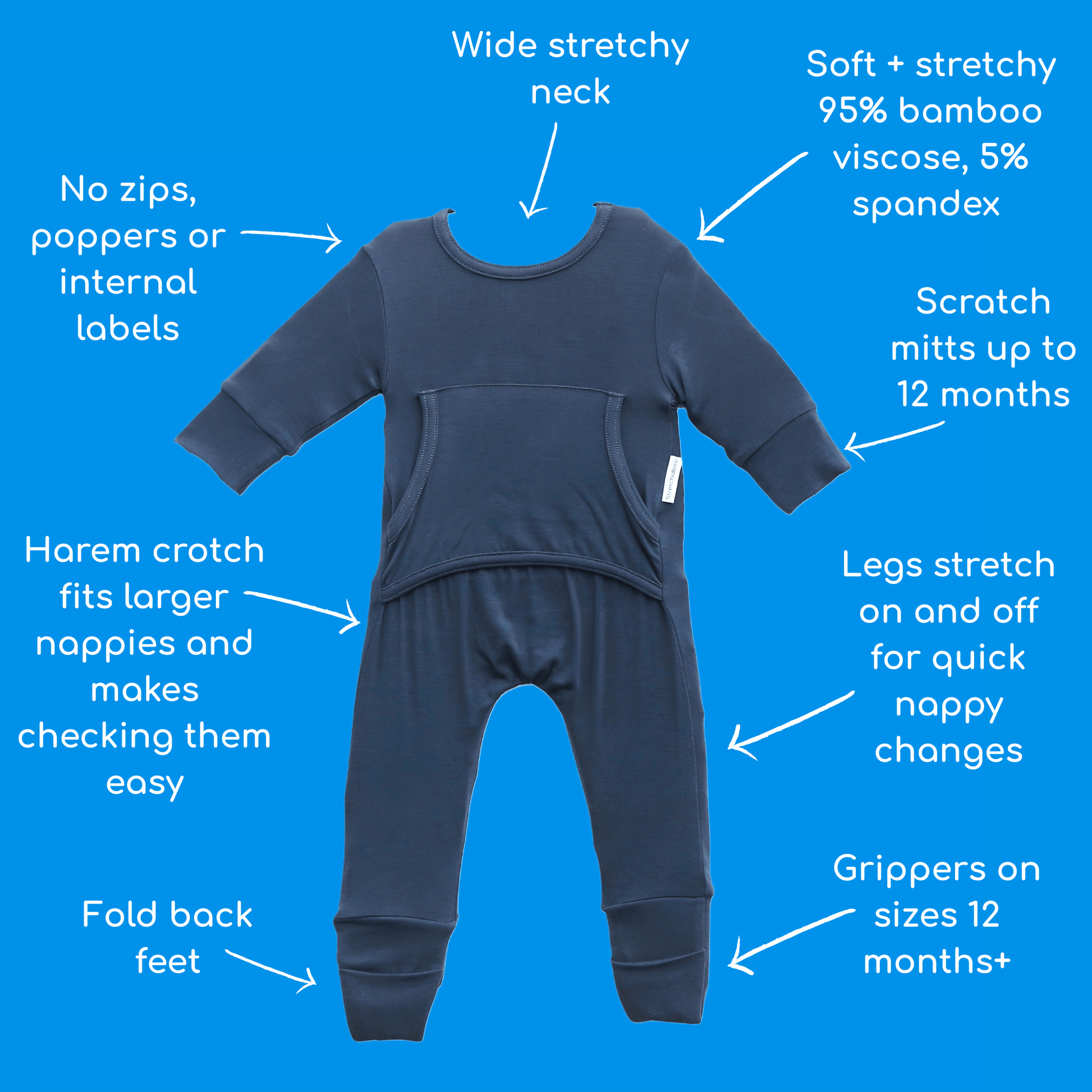 Stretchaboo Bobby Blue Bamboo Baby Grow - Stretchaboo