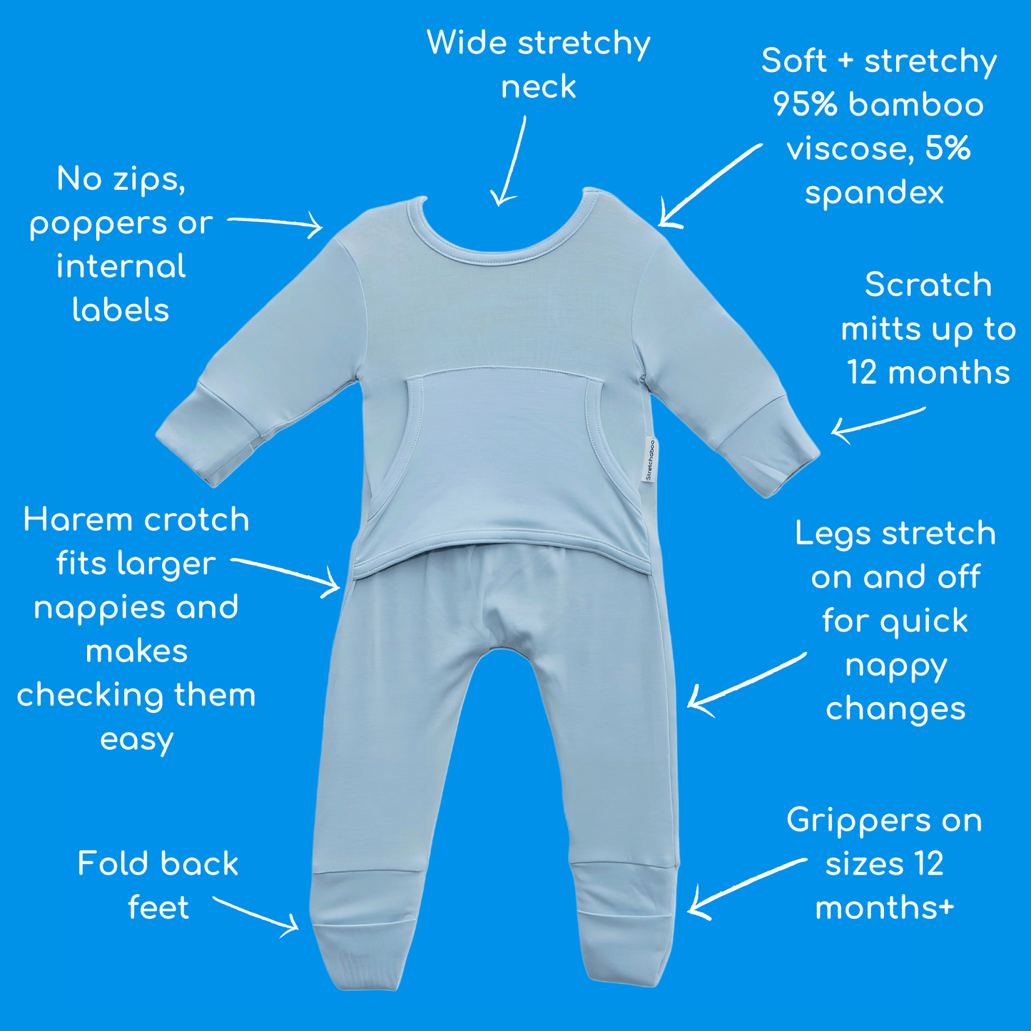 Stretchaboo Volare Light Blue Bamboo Baby Grow - Stretchaboo