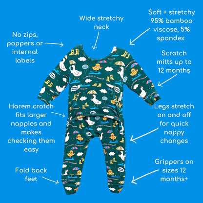 Stretchaboo x Sam Jayne Rainy Day for Ducks Bamboo Baby Grow - Stretchaboo
